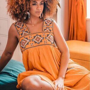Anthropologie Teofila Embroidered Swing Dress Beaded Smocked Yellow Small